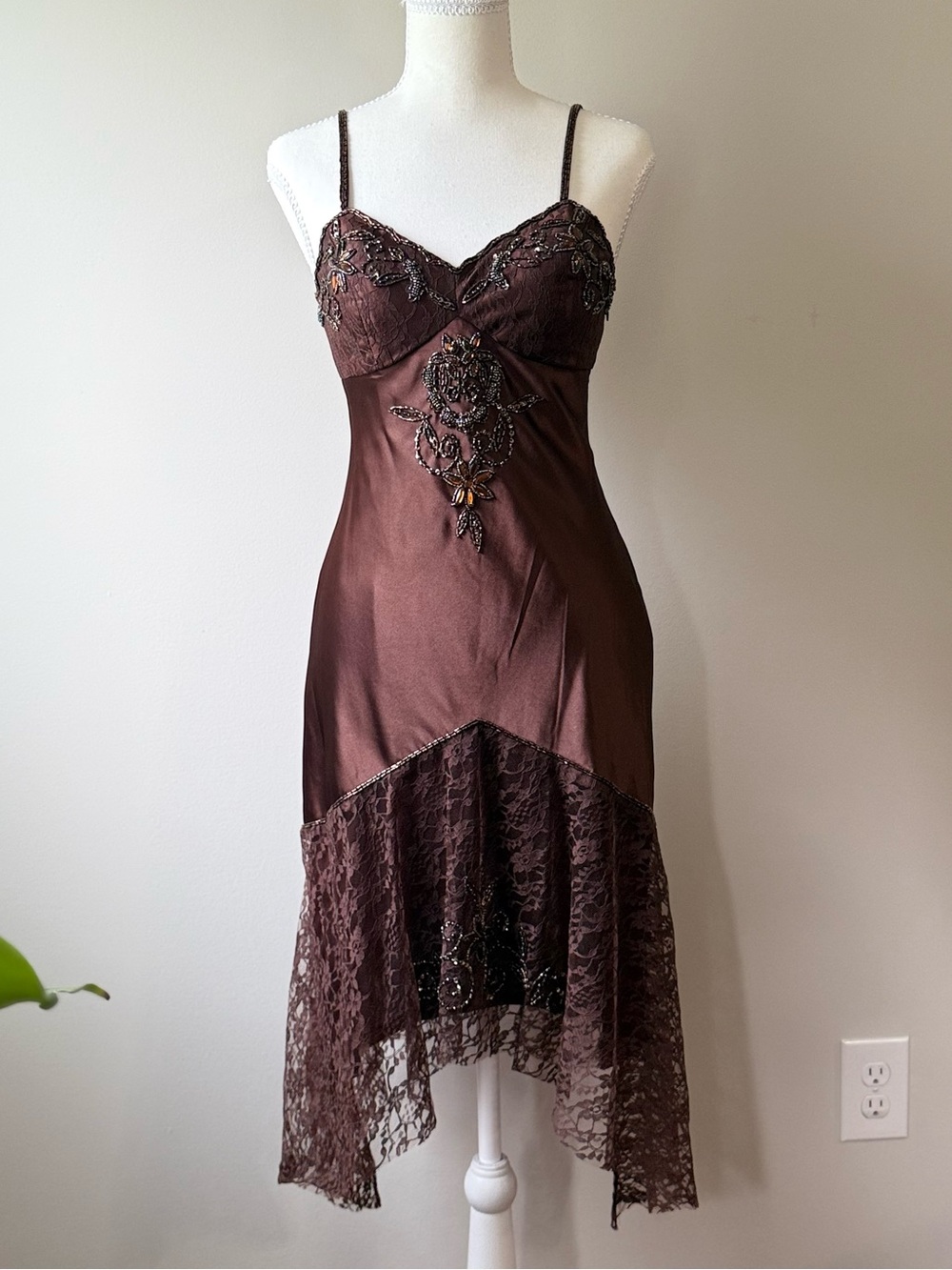 Vintage Lotus Evening Y2K Brown Beaded Lace Slip Dress Size 4